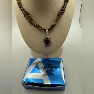 -Vintage Avon Tiger Eye Coconut & Seed Bead Triple Strand Necklace With Box